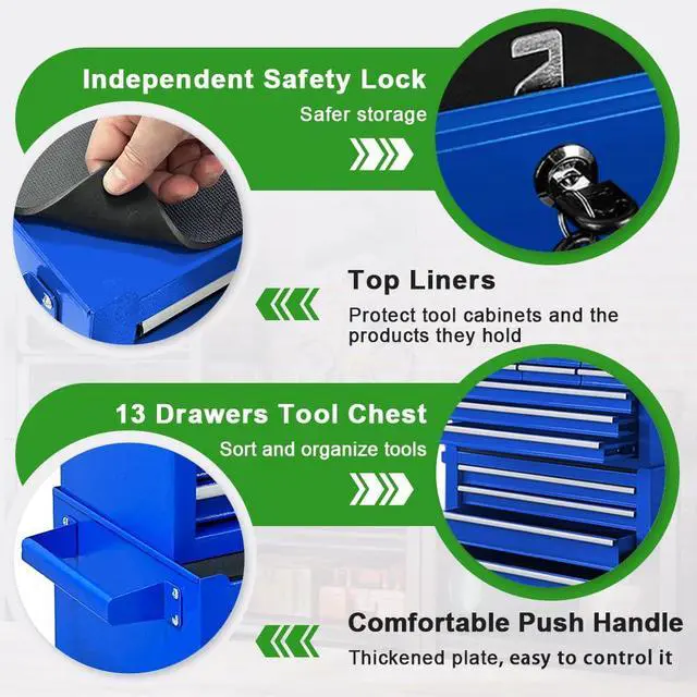 Alt view image 4 of 6 - 13-Drawer Double Doors Tool Chest, 2 in 1 Detachable Rolling Tool Chest, Large Tool Box with Drawers, Mobile Tool Cabinet with Lock, Metal Standing Toolbox for Garage Workshop-Blue