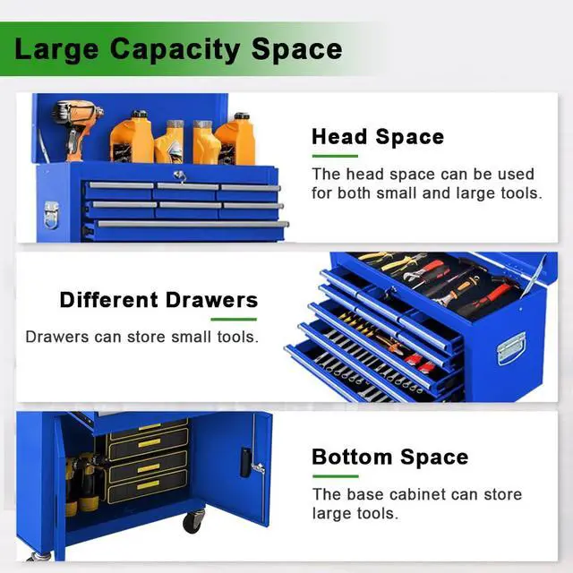 Alt view image 5 of 6 - 13-Drawer Double Doors Tool Chest, 2 in 1 Detachable Rolling Tool Chest, Large Tool Box with Drawers, Mobile Tool Cabinet with Lock, Metal Standing Toolbox for Garage Workshop-Blue
