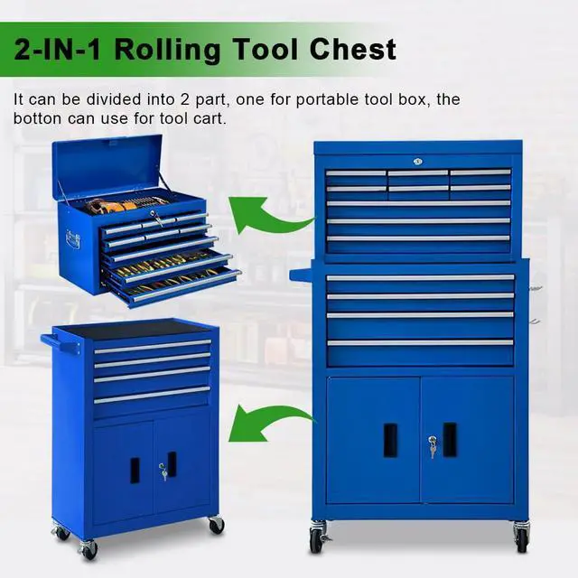 Alt view image 6 of 6 - 13-Drawer Double Doors Tool Chest, 2 in 1 Detachable Rolling Tool Chest, Large Tool Box with Drawers, Mobile Tool Cabinet with Lock, Metal Standing Toolbox for Garage Workshop-Blue