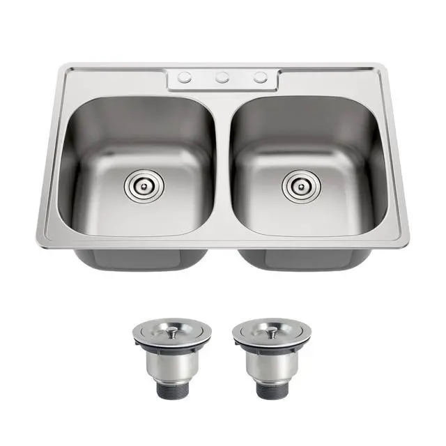 Alt view image 2 of 6 - 33x22 Drop In Double Bowl 33 Inch Topmount 50/50 Kitchen Sink | 304 Stainless Steel, 18 Gauge Thickness, U Channel for Fixed, Three Holes with Cover, Brushed Satin Finish, 33" x 22" x 9"