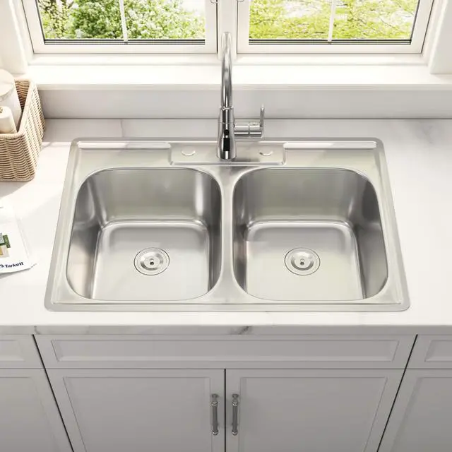 Alt view image 3 of 6 - 33x22 Drop In Double Bowl 33 Inch Topmount 50/50 Kitchen Sink | 304 Stainless Steel, 18 Gauge Thickness, U Channel for Fixed, Three Holes with Cover, Brushed Satin Finish, 33" x 22" x 9"