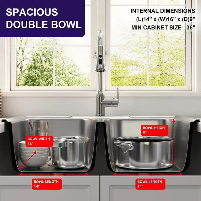Alt view image 5 of 6 - 33x22 Drop In Double Bowl 33 Inch Topmount 50/50 Kitchen Sink | 304 Stainless Steel, 18 Gauge Thickness, U Channel for Fixed, Three Holes with Cover, Brushed Satin Finish, 33" x 22" x 9"