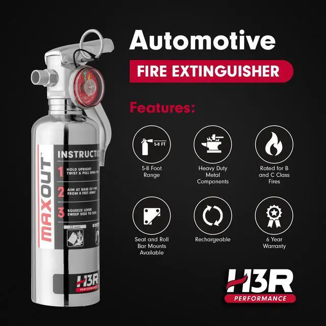 Alt view image 2 of 6 - MaxOut Compact Fire Extinguisher for Vehicles Cars, Trucks, UTVs, RVs & Boats | Off-Road Ready | Refillable Purple K Dry Chemical | Class BC | Mounting Bracket | UL Listed | Chrome 1.0 lb