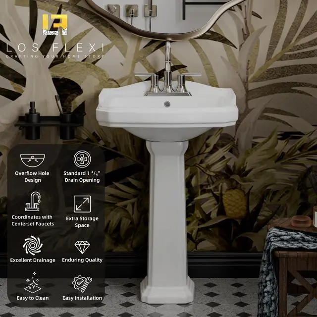 Alt view image 2 of 6 - 23"W x 19"D Classic Vintage Bathroom Pedestal Sink, 23 Inch White Ceramic Freestanding Sinks for bathrooms, Overflow, 3 Pre-Drilled Holes for 4-Inch Faucets, Easy Install