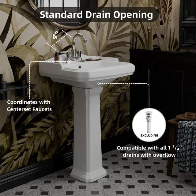 Alt view image 4 of 6 - 23"W x 19"D Classic Vintage Bathroom Pedestal Sink, 23 Inch White Ceramic Freestanding Sinks for bathrooms, Overflow, 3 Pre-Drilled Holes for 4-Inch Faucets, Easy Install