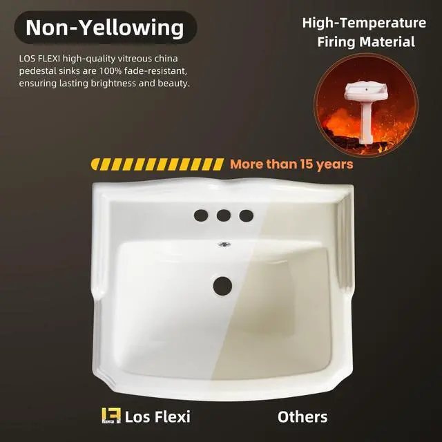 Alt view image 5 of 6 - 23"W x 19"D Classic Vintage Bathroom Pedestal Sink, 23 Inch White Ceramic Freestanding Sinks for bathrooms, Overflow, 3 Pre-Drilled Holes for 4-Inch Faucets, Easy Install