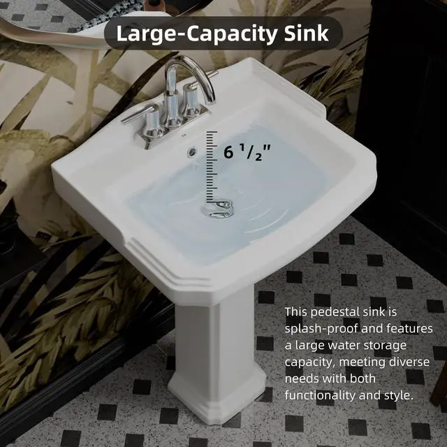 Alt view image 6 of 6 - 23"W x 19"D Classic Vintage Bathroom Pedestal Sink, 23 Inch White Ceramic Freestanding Sinks for bathrooms, Overflow, 3 Pre-Drilled Holes for 4-Inch Faucets, Easy Install