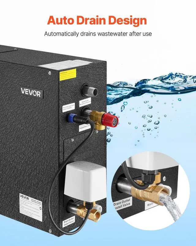 Alt view image 5 of 6 - Steam Generator, 6 kW Steam Shower System with Controller for Home Sauna & Spa, Commercial Auto Drain Kit with Overheat, Dry-Run & Overpressure Protection, 10min to 24h Timer, Black