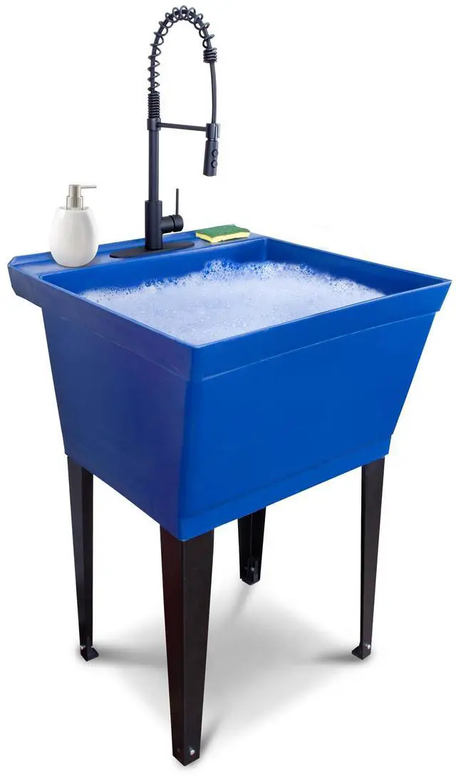 Main image of Utility Sink Extra-Deep Laundry Tub in Blue with High-Arc Black Coil Pull-Down Sprayer Faucet, Integrated Supply Lines, P-Trap Kit, Heavy Duty Floor Mounted Freestanding Wash Station