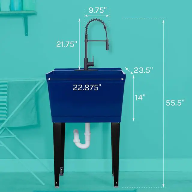 Alt view image 2 of 6 - Utility Sink Extra-Deep Laundry Tub in Blue with High-Arc Black Coil Pull-Down Sprayer Faucet, Integrated Supply Lines, P-Trap Kit, Heavy Duty Floor Mounted Freestanding Wash Station