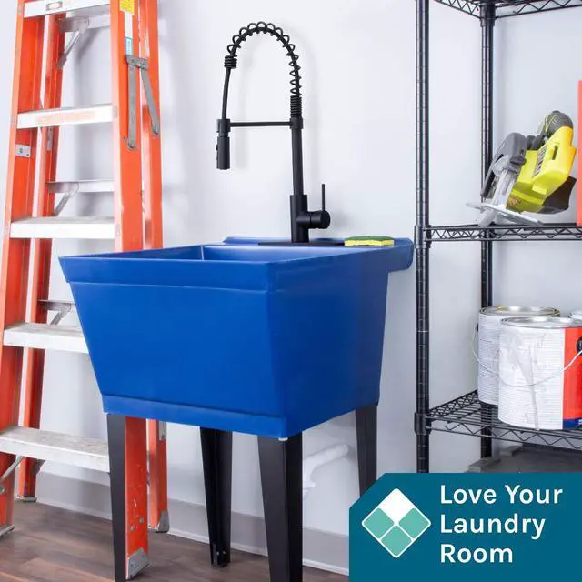 Alt view image 3 of 6 - Utility Sink Extra-Deep Laundry Tub in Blue with High-Arc Black Coil Pull-Down Sprayer Faucet, Integrated Supply Lines, P-Trap Kit, Heavy Duty Floor Mounted Freestanding Wash Station