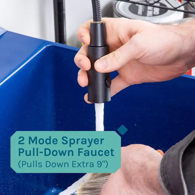 Alt view image 5 of 6 - Utility Sink Extra-Deep Laundry Tub in Blue with High-Arc Black Coil Pull-Down Sprayer Faucet, Integrated Supply Lines, P-Trap Kit, Heavy Duty Floor Mounted Freestanding Wash Station