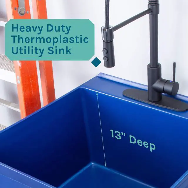 Alt view image 6 of 6 - Utility Sink Extra-Deep Laundry Tub in Blue with High-Arc Black Coil Pull-Down Sprayer Faucet, Integrated Supply Lines, P-Trap Kit, Heavy Duty Floor Mounted Freestanding Wash Station