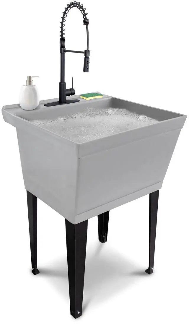 Main image of Utility Sink Extra-Deep Laundry Tub in Grey with High-Arc Coil Pull-Down Sprayer Faucet in Matte Black, Integrated Supply Lines, P-Trap Kit, Heavy Duty Floor Mounted Freestanding Wash Station