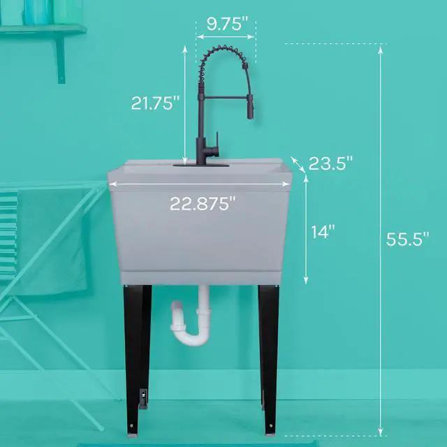 Alt view image 2 of 6 - Utility Sink Extra-Deep Laundry Tub in Grey with High-Arc Coil Pull-Down Sprayer Faucet in Matte Black, Integrated Supply Lines, P-Trap Kit, Heavy Duty Floor Mounted Freestanding Wash Station
