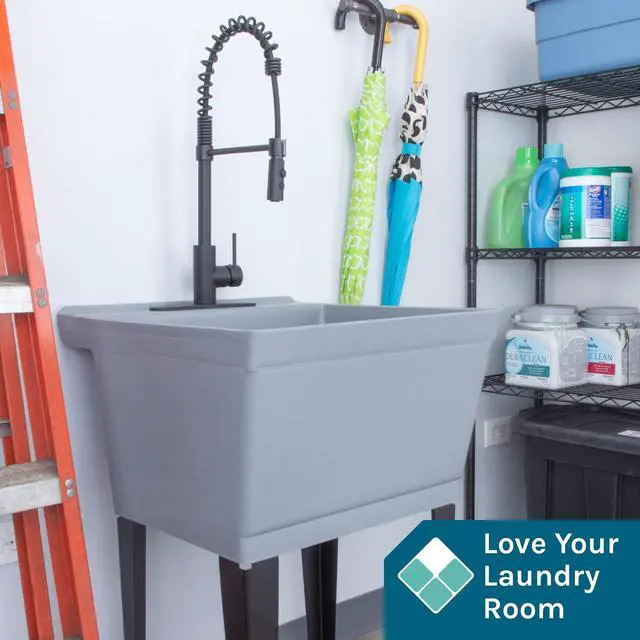 Alt view image 3 of 6 - Utility Sink Extra-Deep Laundry Tub in Grey with High-Arc Coil Pull-Down Sprayer Faucet in Matte Black, Integrated Supply Lines, P-Trap Kit, Heavy Duty Floor Mounted Freestanding Wash Station