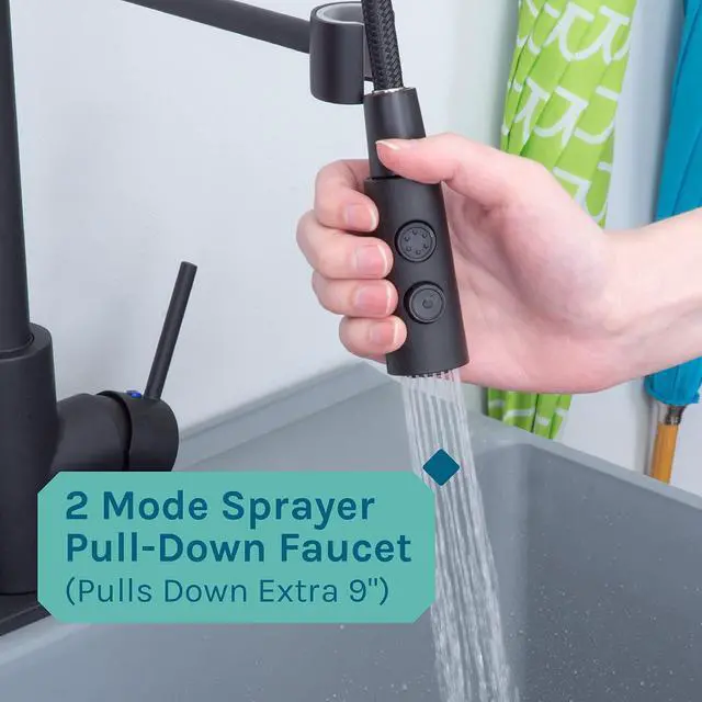 Alt view image 5 of 6 - Utility Sink Extra-Deep Laundry Tub in Grey with High-Arc Coil Pull-Down Sprayer Faucet in Matte Black, Integrated Supply Lines, P-Trap Kit, Heavy Duty Floor Mounted Freestanding Wash Station