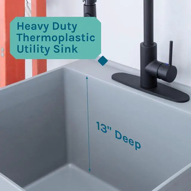 Alt view image 6 of 6 - Utility Sink Extra-Deep Laundry Tub in Grey with High-Arc Coil Pull-Down Sprayer Faucet in Matte Black, Integrated Supply Lines, P-Trap Kit, Heavy Duty Floor Mounted Freestanding Wash Station