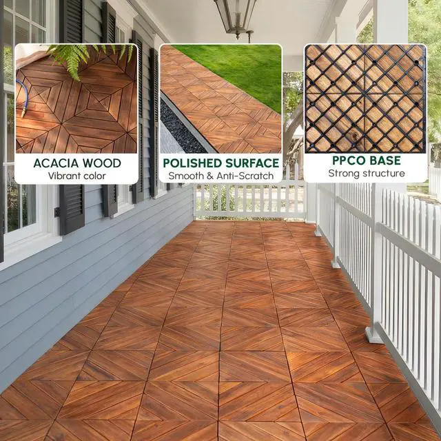 Alt view image 2 of 6 - 27PCS Interlocking Deck Tiles 12" x 12" - Diagonal Pattern, Waterproof Acacia Wood Decking for All Weather Use - Patio, Balcony, Porch, Indoor & Outdoor Wood Flooring