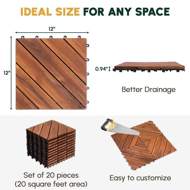 Alt view image 3 of 6 - 27PCS Interlocking Deck Tiles 12" x 12" - Diagonal Pattern, Waterproof Acacia Wood Decking for All Weather Use - Patio, Balcony, Porch, Indoor & Outdoor Wood Flooring