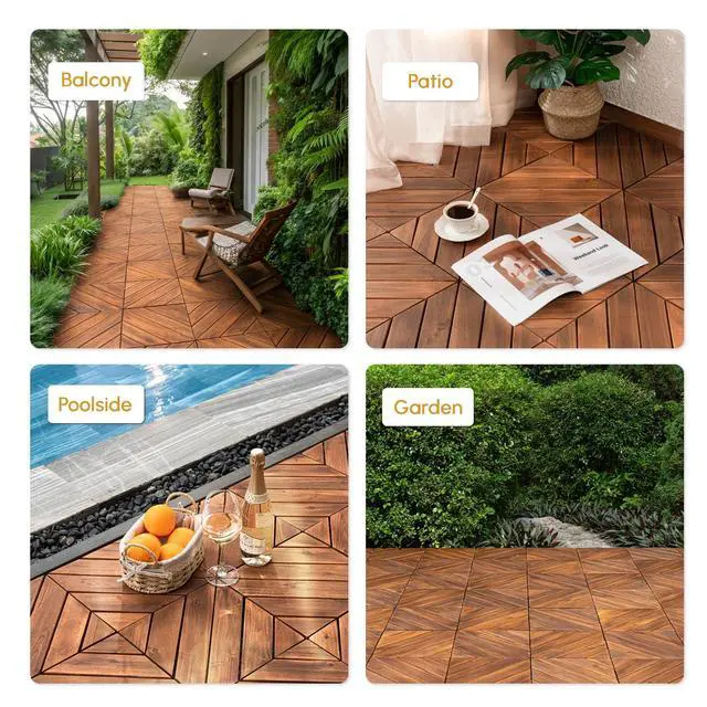 Alt view image 4 of 6 - 27PCS Interlocking Deck Tiles 12" x 12" - Diagonal Pattern, Waterproof Acacia Wood Decking for All Weather Use - Patio, Balcony, Porch, Indoor & Outdoor Wood Flooring
