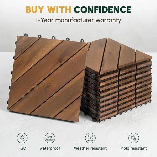 Alt view image 5 of 6 - 27PCS Interlocking Deck Tiles 12" x 12" - Diagonal Pattern, Waterproof Acacia Wood Decking for All Weather Use - Patio, Balcony, Porch, Indoor & Outdoor Wood Flooring