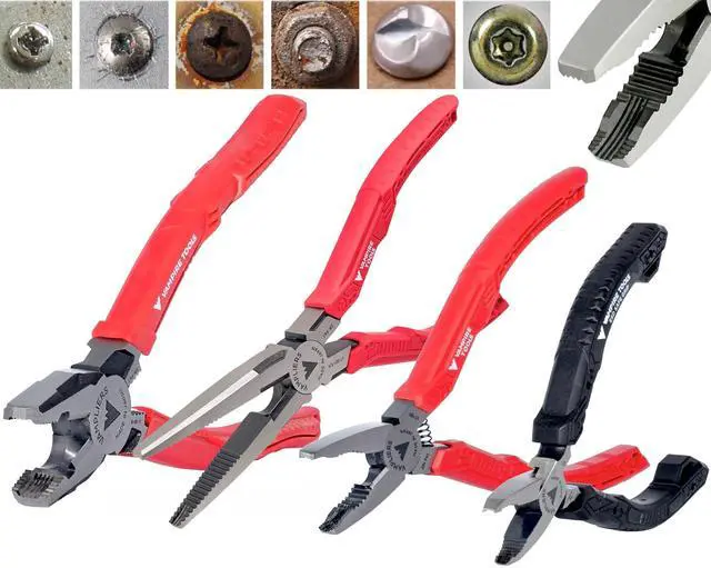 Main image of 4-PC Screw Extractor Pliers Set. Made in Japan: 8" Linesman, 7.5" Long Nose, 6.25" Combination & 5" ESD Safe Mini Plier. Remove any Stripped/Damaged/Rusted Screws