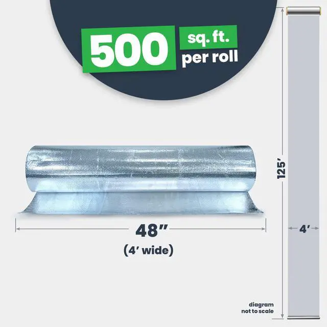 Alt view image 2 of 6 - Single Bubble Insulation Roll 48" x 125' (500 sq. ft.), 3.175mm Thick, Single Bubble Reflective Foil Insulation Roll Reflects 96% Radiant Heat, Radiant Barrier, Made in Canada, Foil Color