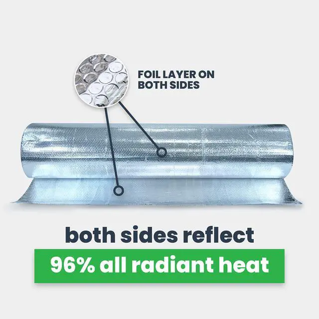 Alt view image 6 of 6 - Single Bubble Insulation Roll 48" x 125' (500 sq. ft.), 3.175mm Thick, Single Bubble Reflective Foil Insulation Roll Reflects 96% Radiant Heat, Radiant Barrier, Made in Canada, Foil Color