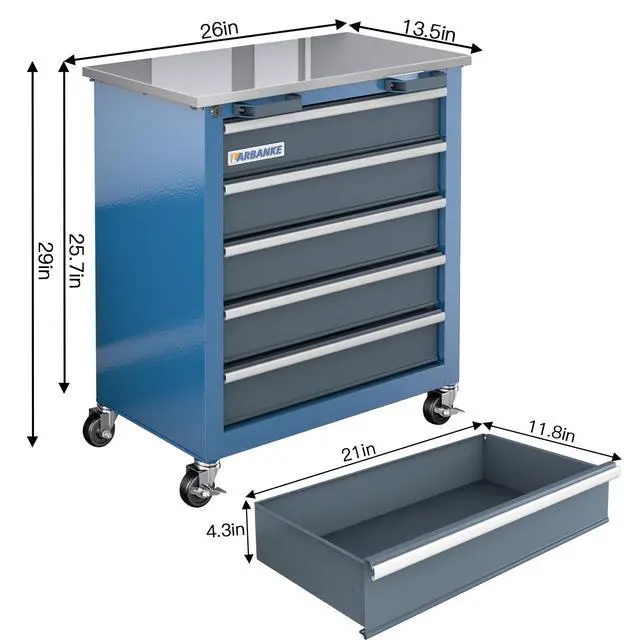 Alt view image 2 of 6 - 5-Drawer Rolling Tool Chest with Stainless CounterTop,Tool Chest with Keyed Locking System, with Wheels and Foot Pads,Rolling Tool Cabinet with Drawer Liners,Unique Link Buckle for Connecting