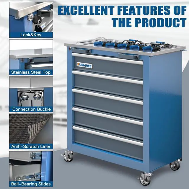 Alt view image 4 of 6 - 5-Drawer Rolling Tool Chest with Stainless CounterTop,Tool Chest with Keyed Locking System, with Wheels and Foot Pads,Rolling Tool Cabinet with Drawer Liners,Unique Link Buckle for Connecting