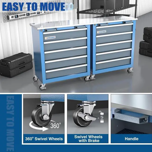 Alt view image 5 of 6 - 5-Drawer Rolling Tool Chest with Stainless CounterTop,Tool Chest with Keyed Locking System, with Wheels and Foot Pads,Rolling Tool Cabinet with Drawer Liners,Unique Link Buckle for Connecting