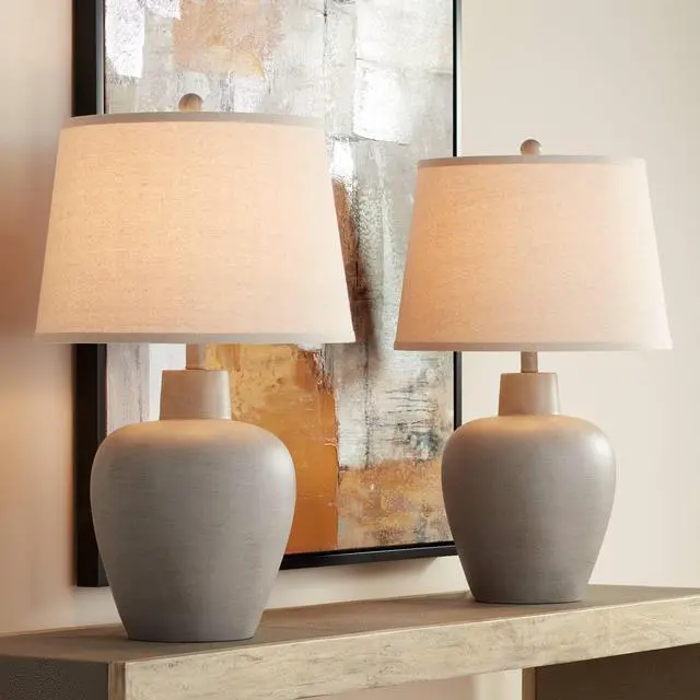 Main image of Glenn Rustic Country Cottage Style Table Lamps 27" Tall Set of 2 Southwest Urn Neutral Fabric Drum Shade Decor for Living Room Bedroom House Bedside Nightstand Home Office