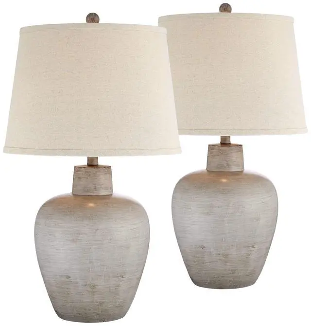 Alt view image 2 of 6 - Glenn Rustic Country Cottage Style Table Lamps 27" Tall Set of 2 Southwest Urn Neutral Fabric Drum Shade Decor for Living Room Bedroom House Bedside Nightstand Home Office