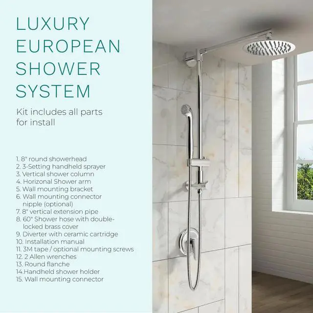 Alt view image 2 of 6 - Polaris 3 Rain Shower System, 8 Rainfall Shower Head and Handheld Shower Combo, includes 3-Setting Handheld Spray, Height Adjustable Shower Wand Holder, 60 Hose (1.8 GPM Chrome)
