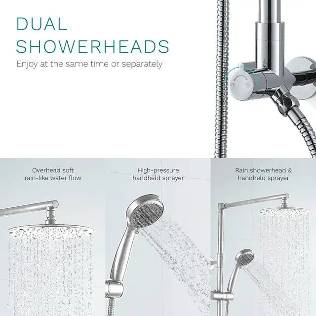 Alt view image 3 of 6 - Polaris 3 Rain Shower System, 8 Rainfall Shower Head and Handheld Shower Combo, includes 3-Setting Handheld Spray, Height Adjustable Shower Wand Holder, 60 Hose (1.8 GPM Chrome)