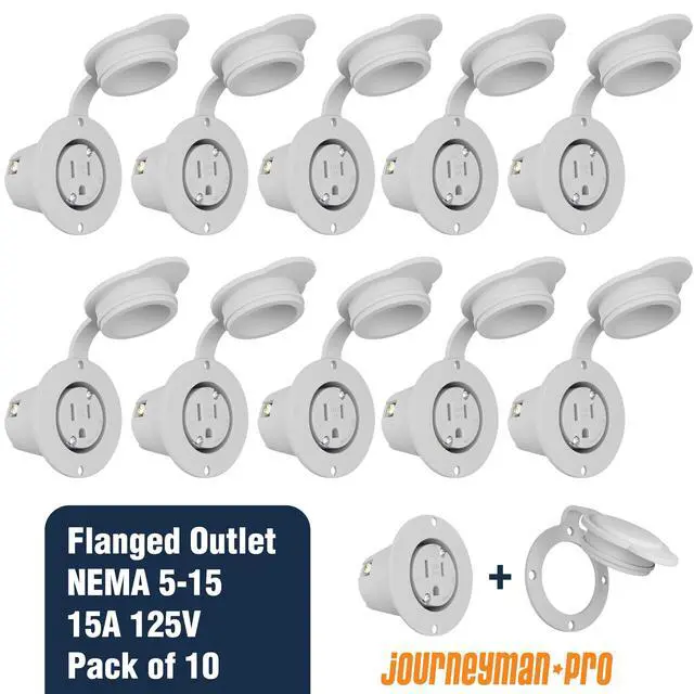 Alt view image 3 of 6 - 5279 Flanged Outlet Receptacle - 15 Amp 125 Volt NEMA 5-15, Commercial Grade Electrical Outlet, 2-Pole 3-Wire Straight Blade Plug, cUL Listed, 10-14 AWG, 10-Pack w/ Front Cover Only
