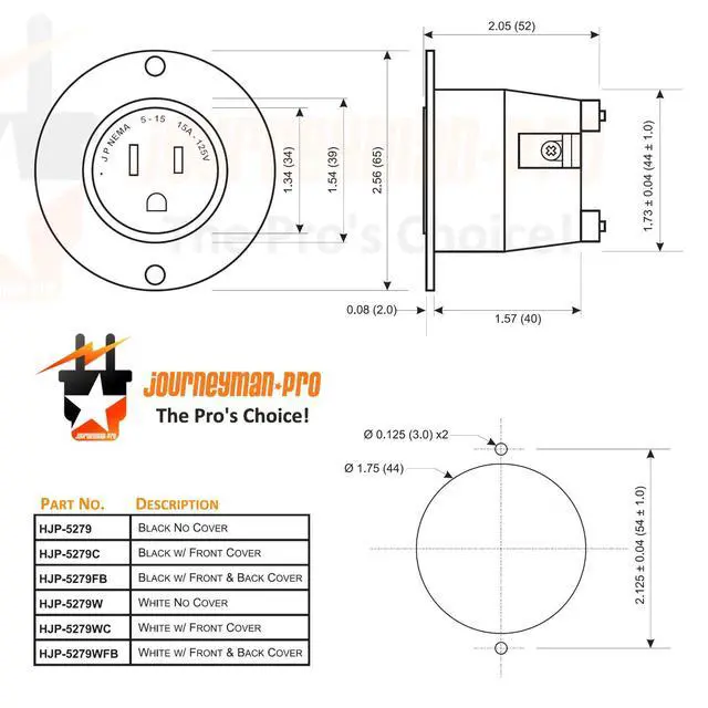 Alt view image 6 of 6 - 5279 Flanged Outlet Receptacle - 15 Amp 125 Volt NEMA 5-15, Commercial Grade Electrical Outlet, 2-Pole 3-Wire Straight Blade Plug, cUL Listed, 10-14 AWG, 10-Pack w/ Front Cover Only