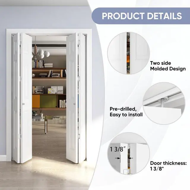 Alt view image 2 of 6 - 48in. x 80in. Bifold Door, 6 Panel Primed Bifold Interior Doors, Hollow Core Bi Fold Closet Door with Hardware Kit Include, Folding Doors for Laundry, Pantry & Bedroom