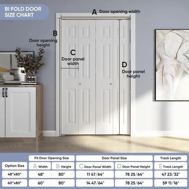 Alt view image 4 of 6 - 48in. x 80in. Bifold Door, 6 Panel Primed Bifold Interior Doors, Hollow Core Bi Fold Closet Door with Hardware Kit Include, Folding Doors for Laundry, Pantry & Bedroom
