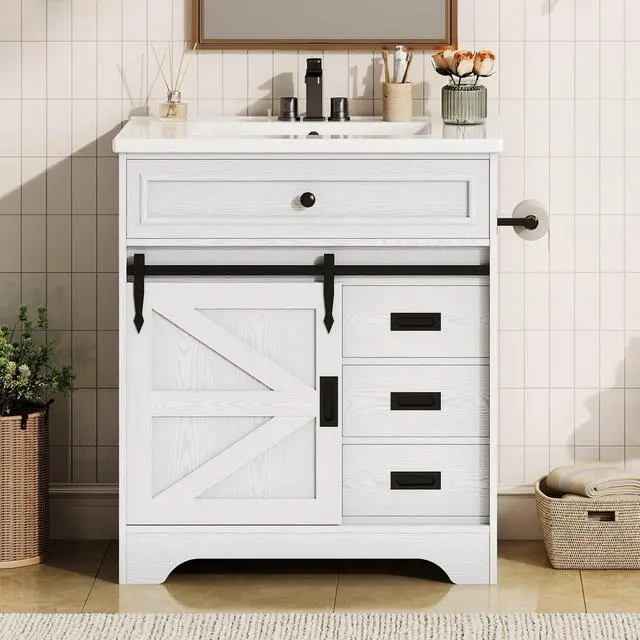 Main image of 30" Bathroom Vanity with Sink, Farmhouse Bathroom Sink Cabinet with Flip Drawer & Sliding Barn Door, Freestanding Bathroom Vanities with Metal Handles, Paper Towel Holder,White