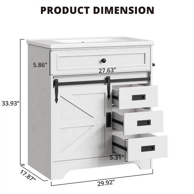 Alt view image 2 of 6 - 30" Bathroom Vanity with Sink, Farmhouse Bathroom Sink Cabinet with Flip Drawer & Sliding Barn Door, Freestanding Bathroom Vanities with Metal Handles, Paper Towel Holder,White