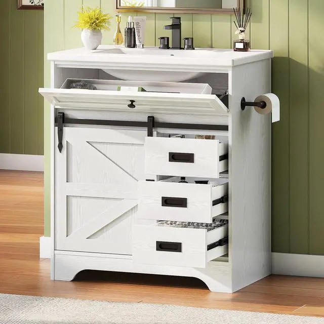 Alt view image 3 of 6 - 30" Bathroom Vanity with Sink, Farmhouse Bathroom Sink Cabinet with Flip Drawer & Sliding Barn Door, Freestanding Bathroom Vanities with Metal Handles, Paper Towel Holder,White