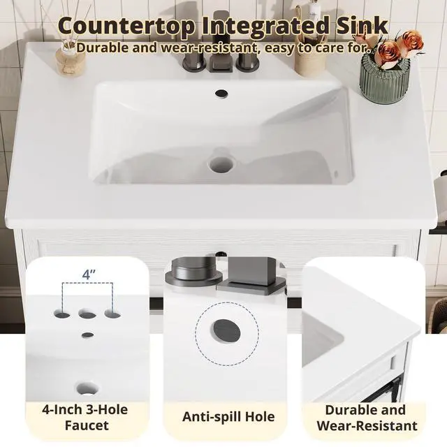 Alt view image 4 of 6 - 30" Bathroom Vanity with Sink, Farmhouse Bathroom Sink Cabinet with Flip Drawer & Sliding Barn Door, Freestanding Bathroom Vanities with Metal Handles, Paper Towel Holder,White