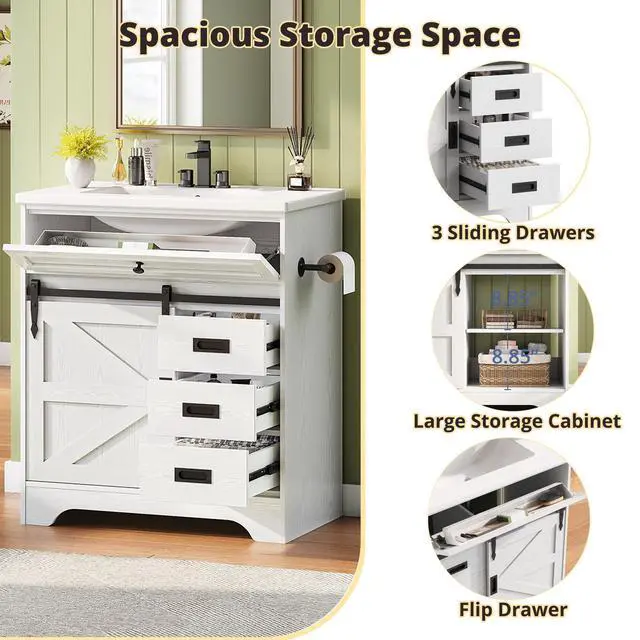 Alt view image 5 of 6 - 30" Bathroom Vanity with Sink, Farmhouse Bathroom Sink Cabinet with Flip Drawer & Sliding Barn Door, Freestanding Bathroom Vanities with Metal Handles, Paper Towel Holder,White