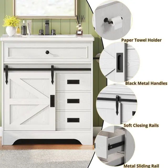 Alt view image 6 of 6 - 30" Bathroom Vanity with Sink, Farmhouse Bathroom Sink Cabinet with Flip Drawer & Sliding Barn Door, Freestanding Bathroom Vanities with Metal Handles, Paper Towel Holder,White