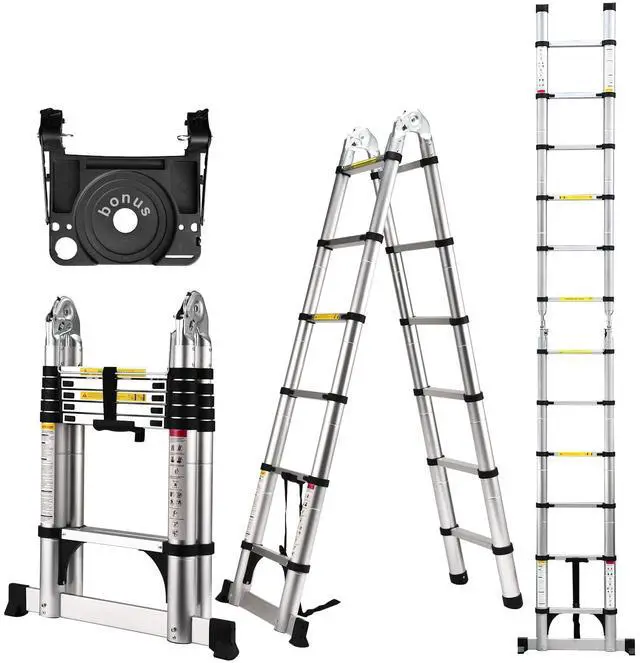 Main image of Telescoping Ladder A Frame, 12.5 Ft Compact Aluminum Extension Ladder, Portable Telescopic RV Ladder for Outdoor Camper Trips Motorhome with Tool Platform and Stabilizer Bar, 330 lb Capacity