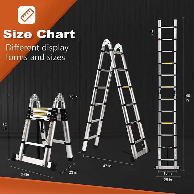 Alt view image 2 of 6 - Telescoping Ladder A Frame, 12.5 Ft Compact Aluminum Extension Ladder, Portable Telescopic RV Ladder for Outdoor Camper Trips Motorhome with Tool Platform and Stabilizer Bar, 330 lb Capacity