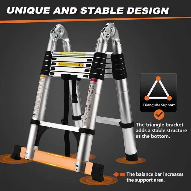 Alt view image 5 of 6 - Telescoping Ladder A Frame, 12.5 Ft Compact Aluminum Extension Ladder, Portable Telescopic RV Ladder for Outdoor Camper Trips Motorhome with Tool Platform and Stabilizer Bar, 330 lb Capacity