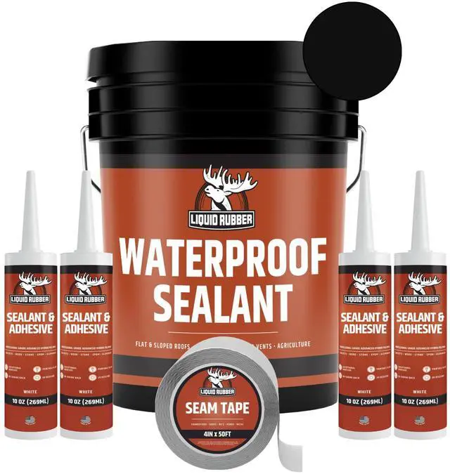 Main image of Waterproof Sealant - Waterproof Leak Repair Coating, Multi-Surface Rubber Paint, Durable Sealant for Roofs, Kit Includes- Black 5 Gallon Sealer, Caulk 10.2 oz 4 Pack, Seam Tape 4" x50'